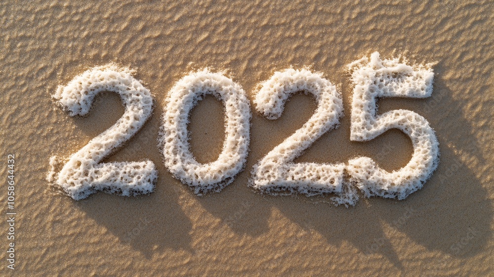 Number 2025 artwork created on sandy beach during sunset with soft waves gently lapping in the background Number 2025 artwork created on sandy beach during sunset with soft waves gently lapping in the background