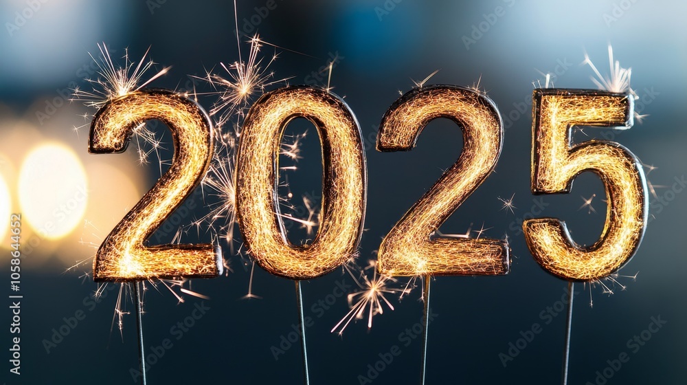 Celebratory sparklers form the year 2025 during a festive New Year's Eve celebration in a lively urban setting at midnight Celebratory sparklers form the year 2025 during a festive New Year's Eve celebration in a lively urban setting at midnight
