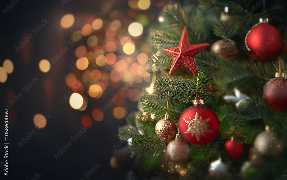 A close-up of a decorated Christmas tree with red and gold ornaments and a red star, against a bokeh background. A close-up of a decorated Christmas tree with red and gold ornaments and a red star, against a bokeh background.