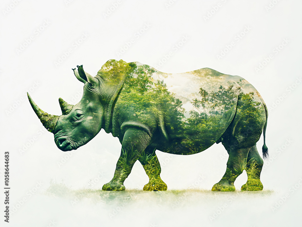 Obraz premium Double exposure of Rhino and forest. 