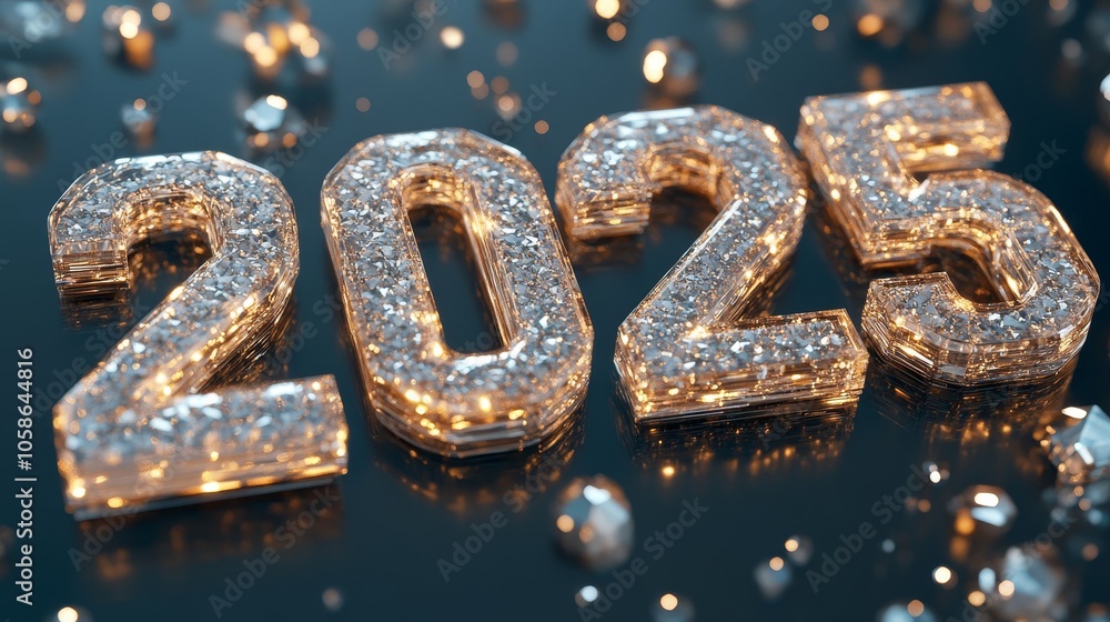 Sparkling 2025 New Year celebration with decorative lighting and shimmering effects on a dark background Sparkling 2025 New Year celebration with decorative lighting and shimmering effects on a dark background