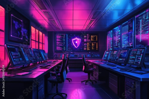 Visual of a cybersecurity operations center with ai-driven systems monitoring global cyber threats