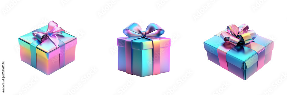 gift box with shiny holographic wrapping and a glittery bow, creating a futuristic and eye-catching look, isolated on a Transparent background gift box with shiny holographic wrapping and a glittery bow, creating a futuristic and eye-catching look, isolated on a Transparent background
