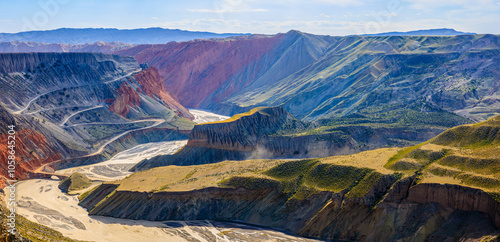 Anjihai Grand Canyon natural landscape in Xinjiang. Famous earthquake fault zone scenery in China. mountain faults and canyon with rivers. photo