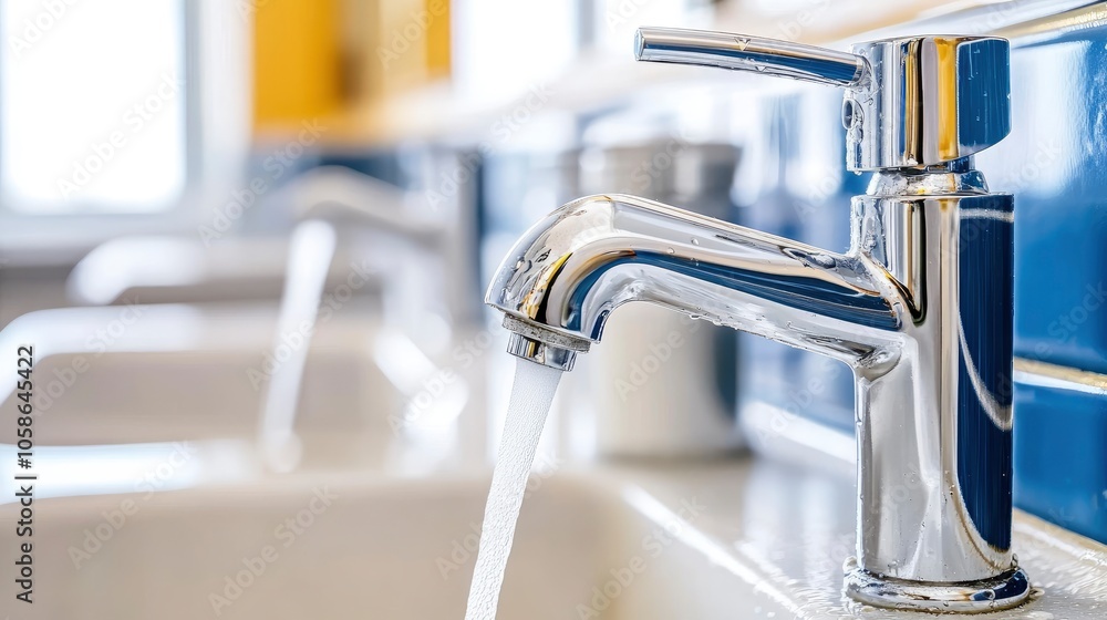 Closeup of Chrome Water Faucet Running in a Bathroom Sink Closeup of Chrome Water Faucet Running in a Bathroom Sink