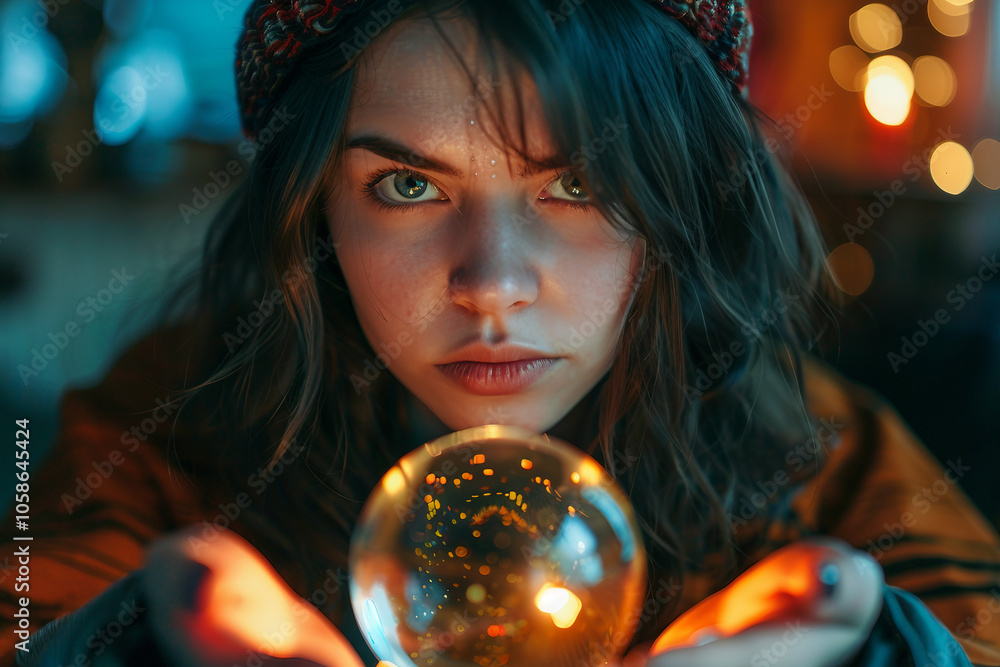 Fototapeta premium Generative AI image of a mystical woman with a crystal ball, perfect for themes of magic, divination, and the supernatural