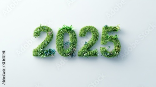 Green plant decorations forming the numbers 2025 on a light background for an eco-friendly New Year