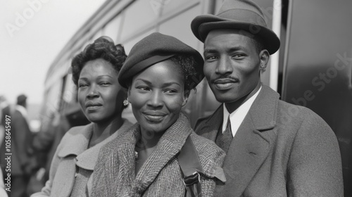 A black family of three, dressed in their finest attire, stand together and smile as they board a train.