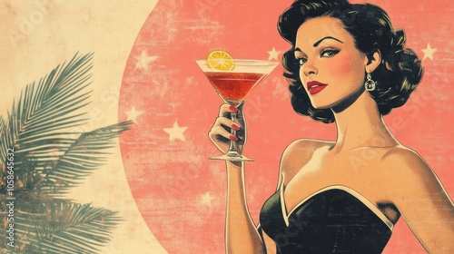 A retro-style illustration of a woman in a black dress holding a martini glass with a lemon twist. The background is a pink circle with white stars, and a palm tree leaf peeks in from the left.