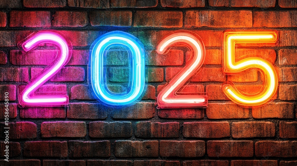 Colorful neon 2025 sign against a textured brick wall, brightening up the night with vibrant lights Colorful neon 2025 sign against a textured brick wall, brightening up the night with vibrant lights