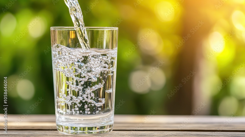 Pouring Fresh Water into Glass on Sunny Day Pouring Fresh Water into Glass on Sunny Day