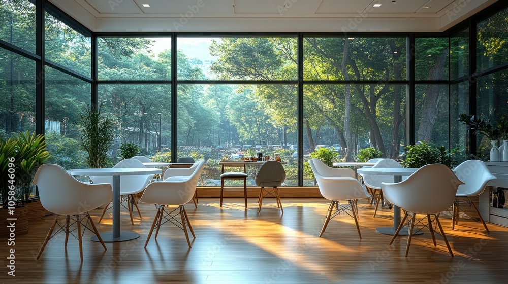 Fototapeta premium Modern cafe interior with large windows overlooking a green park. (1)