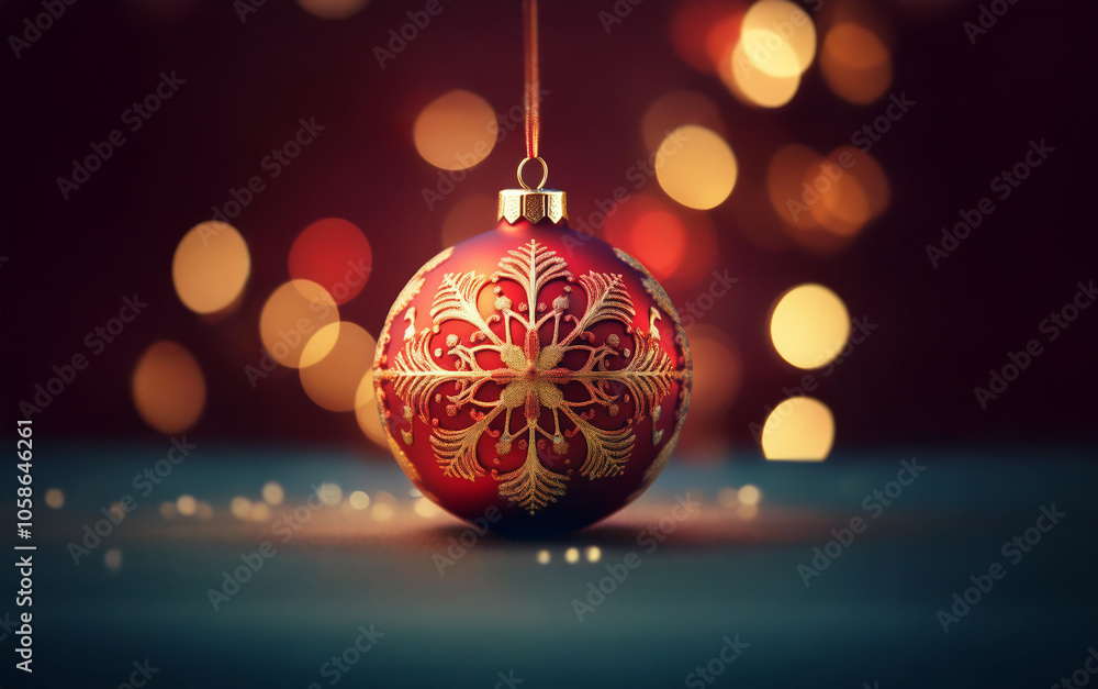 A single red Christmas ornament with gold snowflake design hangs against a backdrop of warm bokeh lights. A single red Christmas ornament with gold snowflake design hangs against a backdrop of warm bokeh lights.