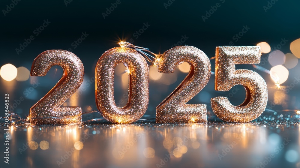 Sparkling golden numbers representing the year 2025 on a festive background with soft bokeh lights Sparkling golden numbers representing the year 2025 on a festive background with soft bokeh lights