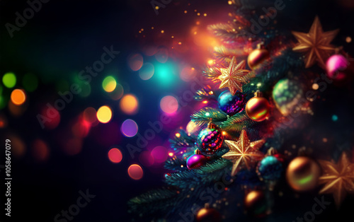 A decorated Christmas tree with colorful ornaments and twinkling lights against a dark background.