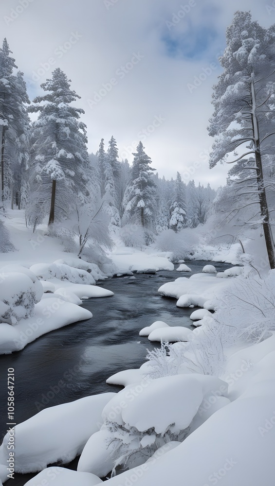 Stunning Winter Landscape of Snow-Covered Trees and Tranquil River Stream Surrounded by Snow in Forest. Stunning Winter Landscape of Snow-Covered Trees and Tranquil River Stream Surrounded by Snow in Forest.
