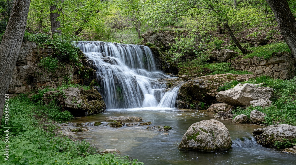 Fototapeta premium Tranquil Waterfall in Lush Green Forest