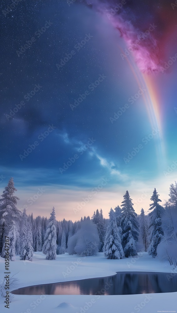 Enchanting Winter Night Landscape with Snowy Forest, Serene Lake Reflection, and a Breathtaking Celestial Glow - Beautiful Winter Sky and Scenic Snow-Covered Trees Under a Starry Night. Enchanting Winter Night Landscape with Snowy Forest, Serene Lake Reflection, and a Breathtaking Celestial Glow - Beautiful Winter Sky and Scenic Snow-Covered Trees Under a Starry Night.