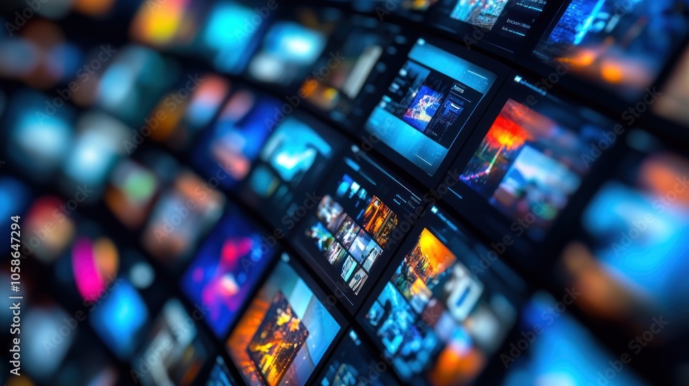 A close-up shot of a wall of digital screens displaying a variety of colorful images, representing the vast and diverse world of digital content. A close-up shot of a wall of digital screens displaying a variety of colorful images, representing the vast and diverse world of digital content.