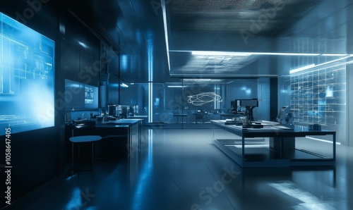 Futuristic room with blue lighting and screens.