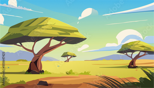 African savannah landscape with trees and grass. Vector cartoon illustration.