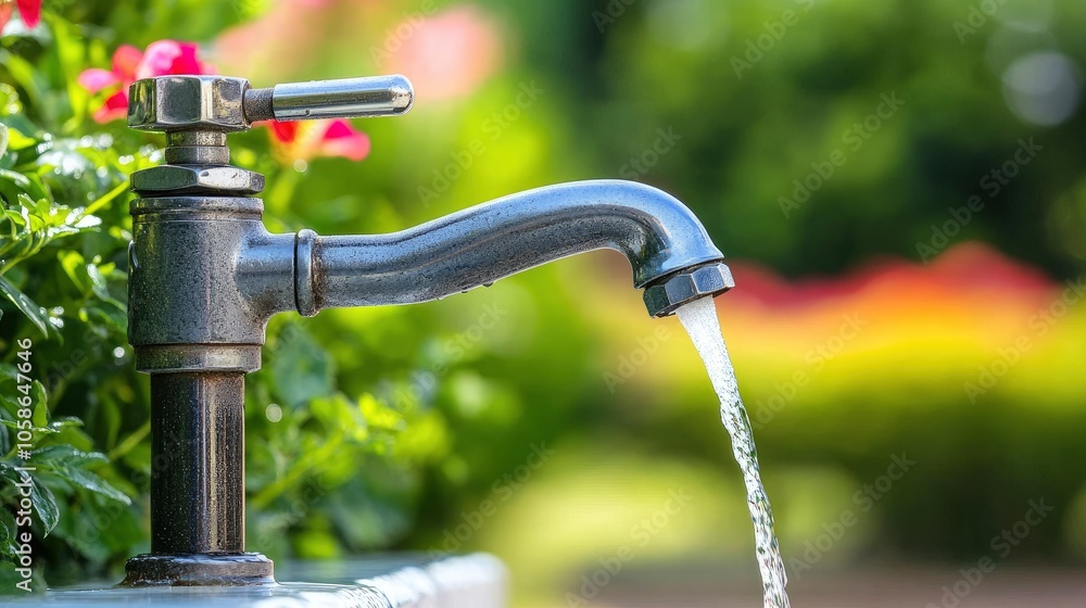 Close Up of a Water Faucet with Water Flowing, Nature Background Close Up of a Water Faucet with Water Flowing, Nature Background