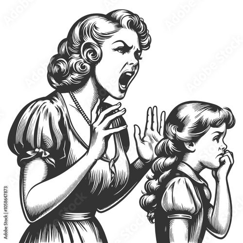 angry mother scolding her sad daughter, capturing emotion and tension in a vintage style sketch engraving generative ai vector illustration. Scratch board imitation. Black and white image.