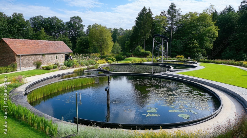 Fototapeta premium Circular Pond with Water Treatment Facility and Green Grass in the Background