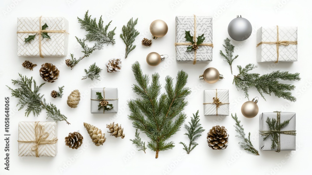 Merry Christmas with bauble balls,realistic gifts box and Happy New Year,Christmas poster, greeting cards,Flat lay,Holiday composition,Vector illustration holiday season card design. Merry Christmas with bauble balls,realistic gifts box and Happy New Year,Christmas poster, greeting cards,Flat lay,Holiday composition,Vector illustration holiday season card design.