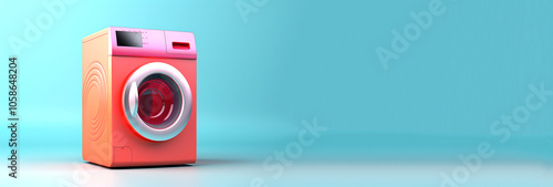 a bright orange washing machine against a bold blue background. The washing machine is illustrated in a minimalistic style. Copy space photo