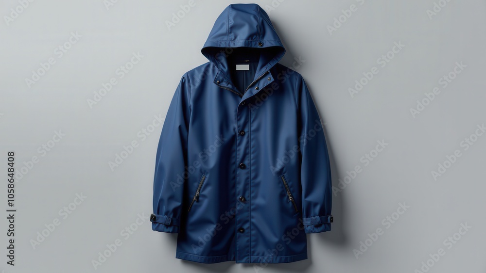 Fashionable raincoat with a roomy hood, water-repellent material, and neat detailing. The neutral background highlights the garment's sharp lines, smooth finish, and high-quality craftsmanship. Fashionable raincoat with a roomy hood, water-repellent material, and neat detailing. The neutral background highlights the garment's sharp lines, smooth finish, and high-quality craftsmanship.