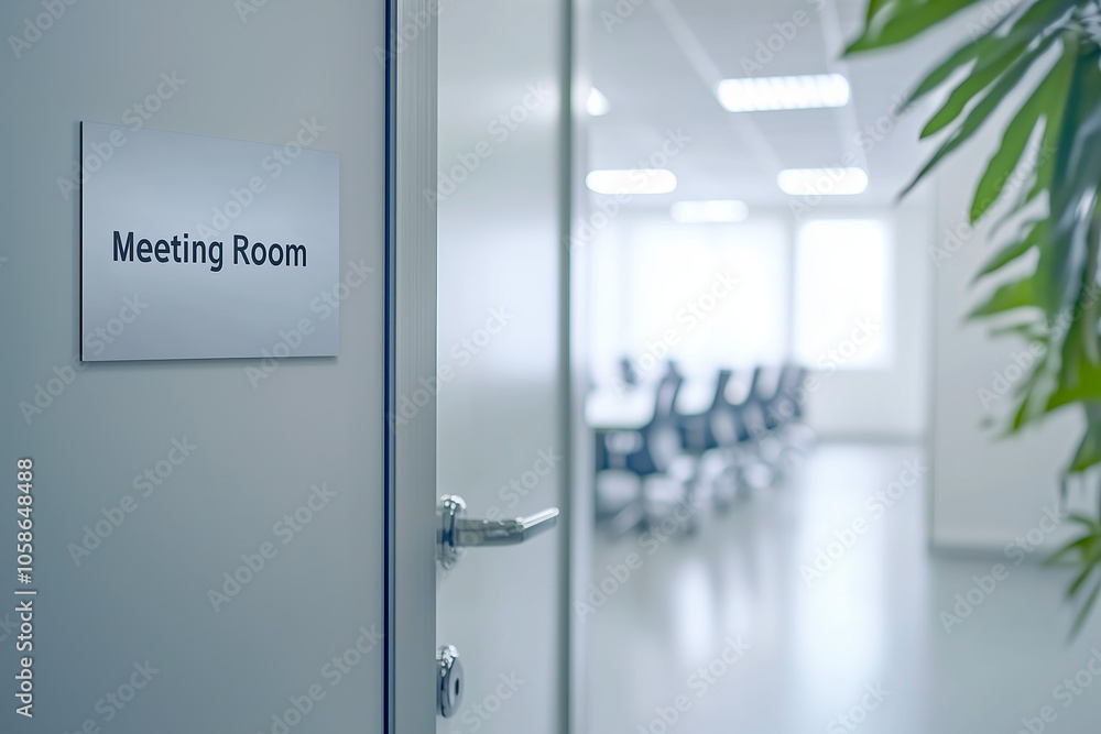 Open door leading to a bright, empty meeting room with modern furniture, showcasing a professional and welcoming office environment Open door leading to a bright, empty meeting room with modern furniture, showcasing a professional and welcoming office environment