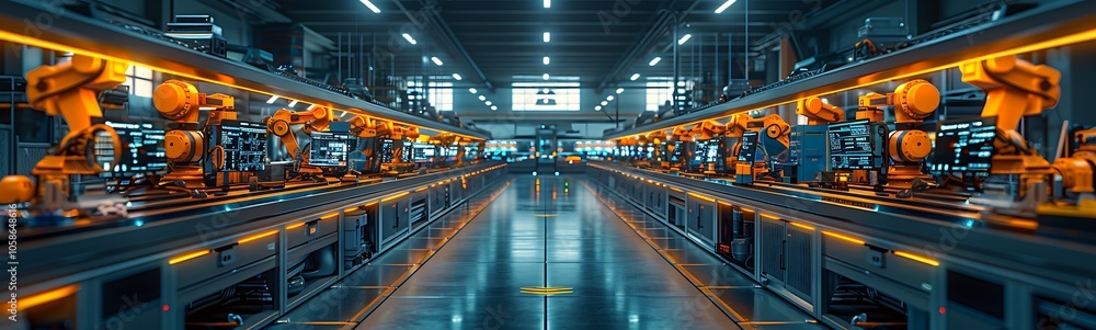 A high-tech assembly line featuring robotic arms working in a modern factory setup. A high-tech assembly line featuring robotic arms working in a modern factory setup.
