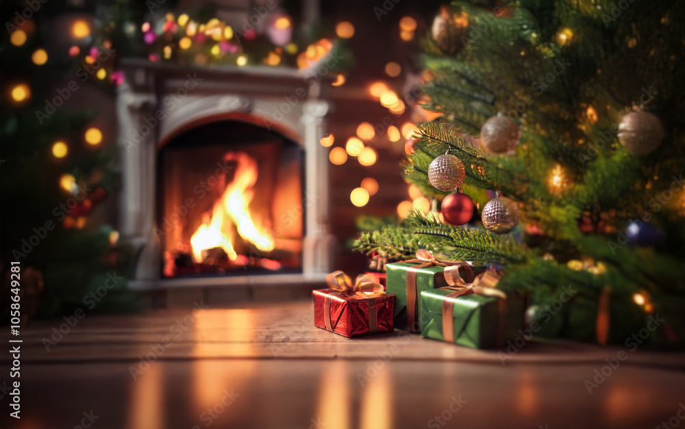 A fireplace with a roaring fire, a decorated Christmas tree, and wrapped presents sit on a wooden floor. A fireplace with a roaring fire, a decorated Christmas tree, and wrapped presents sit on a wooden floor.