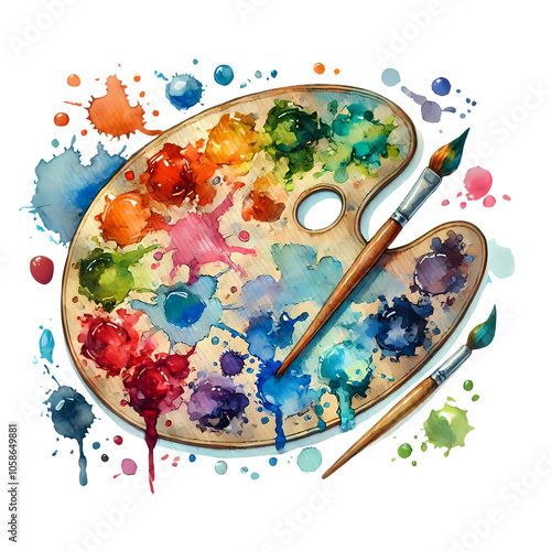 palette with paints and brushes