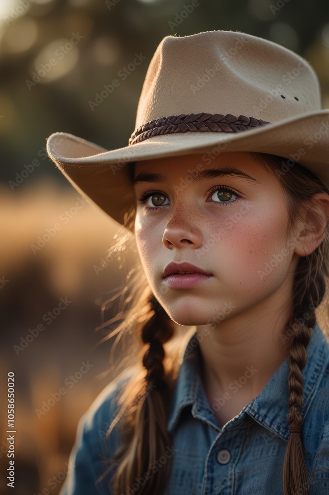 A young woman dressed beautifully as a cowboy, wearing a cowboy hat as well, is in the savanna. A young woman dressed beautifully as a cowboy, wearing a cowboy hat as well, is in the savanna.