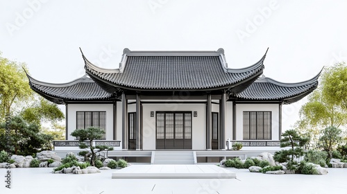 Traditional Chinese Anhui Hui-style Architecture with White Background, Platform, Roads, Parking Lots, and Brick Pavements for Car Advertisement Background