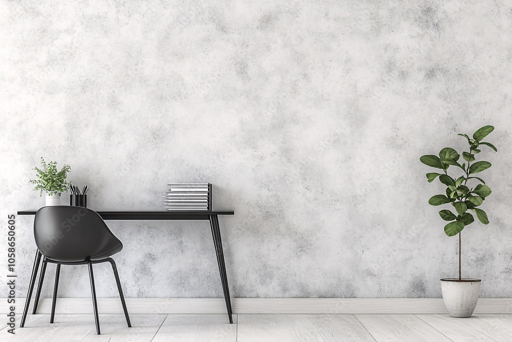 Minimalist Home Office Interior Design with White Wall and Black Desk ...