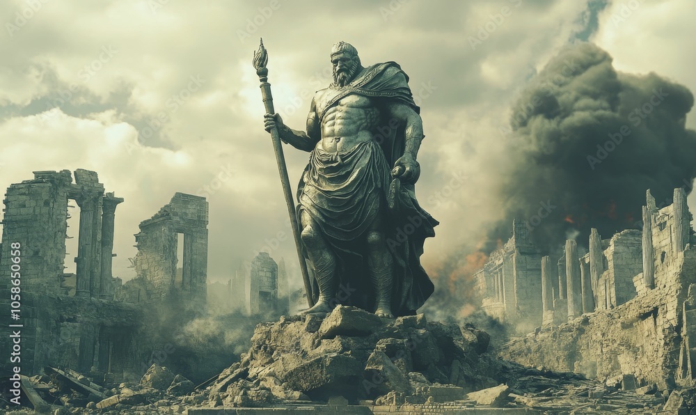 A statue stands tall amidst ruins and smoke. A statue stands tall amidst ruins and smoke.