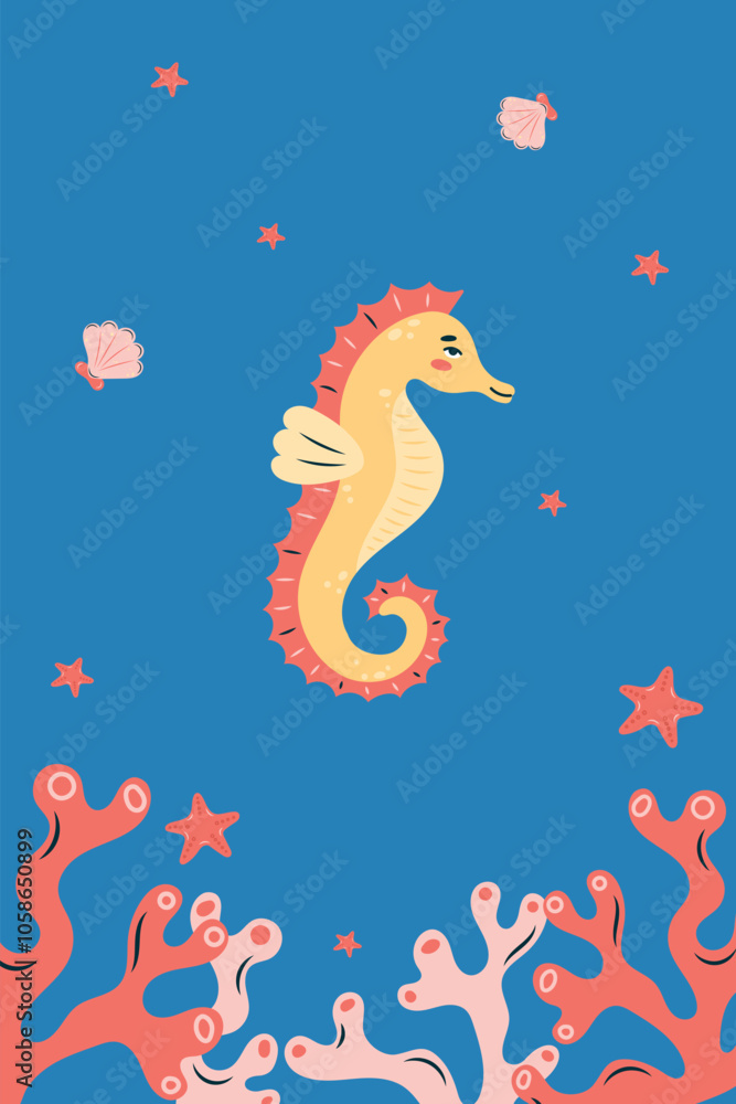 Vertical poster with seahorse on blue background. Character in children's style. vector illustration. Vertical poster with seahorse on blue background. Character in children's style. vector illustration.