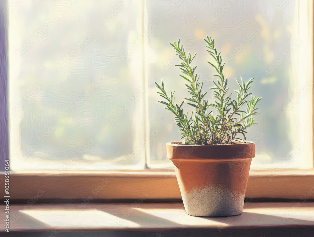 Tranquil Moment with a Tiny Rosemary Plant Thriving Tranquil Moment with a Tiny Rosemary Plant Thriving