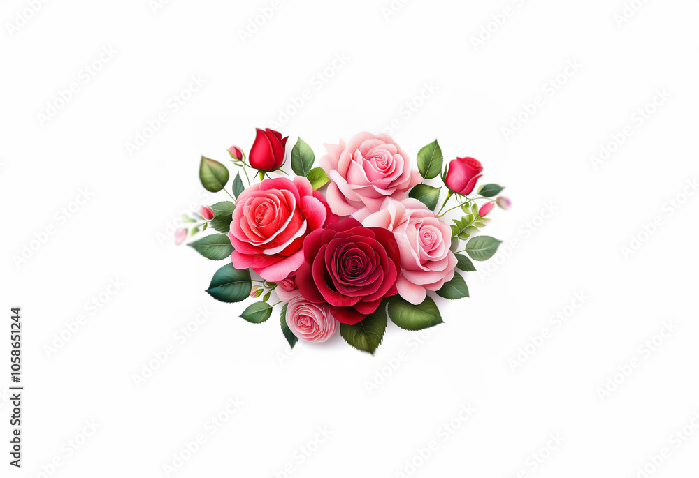 A bouquet of pink, red, and burgundy roses with green leaves on a white background. A bouquet of pink, red, and burgundy roses with green leaves on a white background.