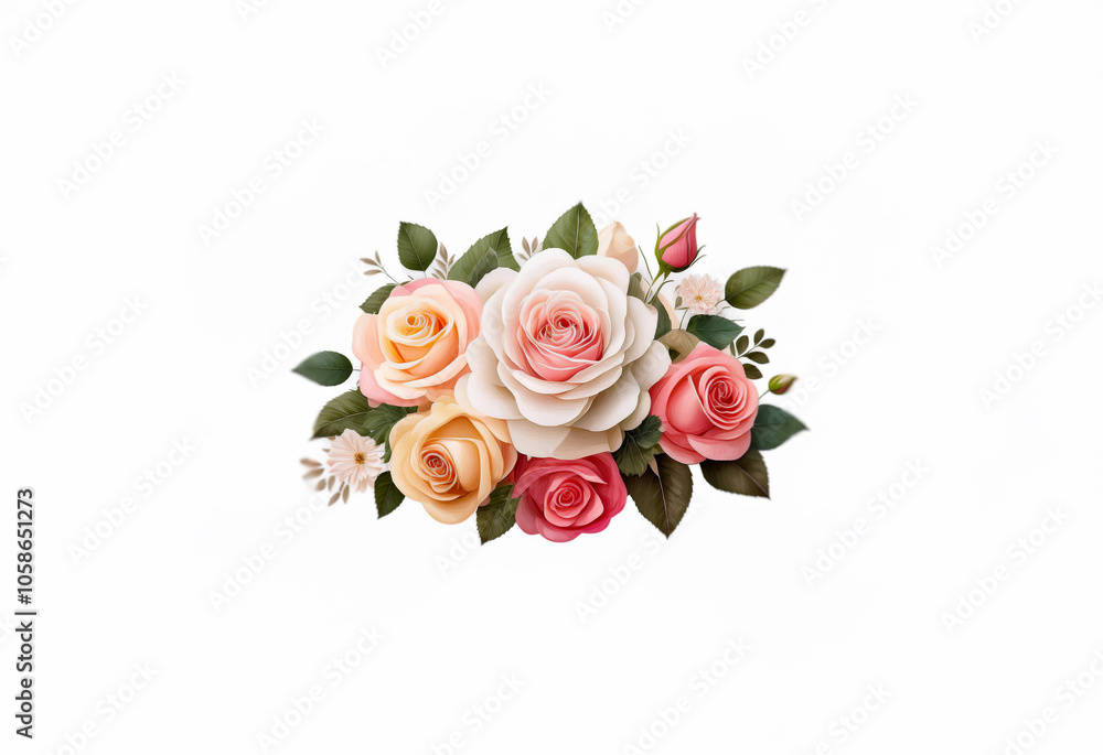A cluster of three roses in pink, white, and peach with green leaves and buds. A cluster of three roses in pink, white, and peach with green leaves and buds.