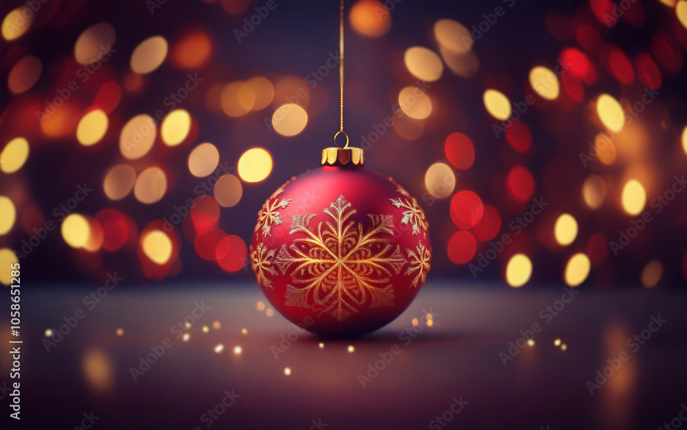 A single red Christmas ornament with a gold snowflake design hangs against a backdrop of warm, blurry lights. A single red Christmas ornament with a gold snowflake design hangs against a backdrop of warm, blurry lights.