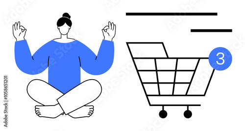Person meditating next to a shopping cart with a notification indicating 3 items. Ideal for mental wellness, e-commerce, multitasking, modern life balance, online shopping, tranquility in digital