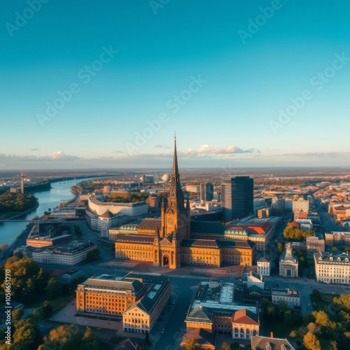 Summer aerial panorama of hameenlinna city at sunny morning travel in finland aerial city Ultra realistic Photorealistic  photo