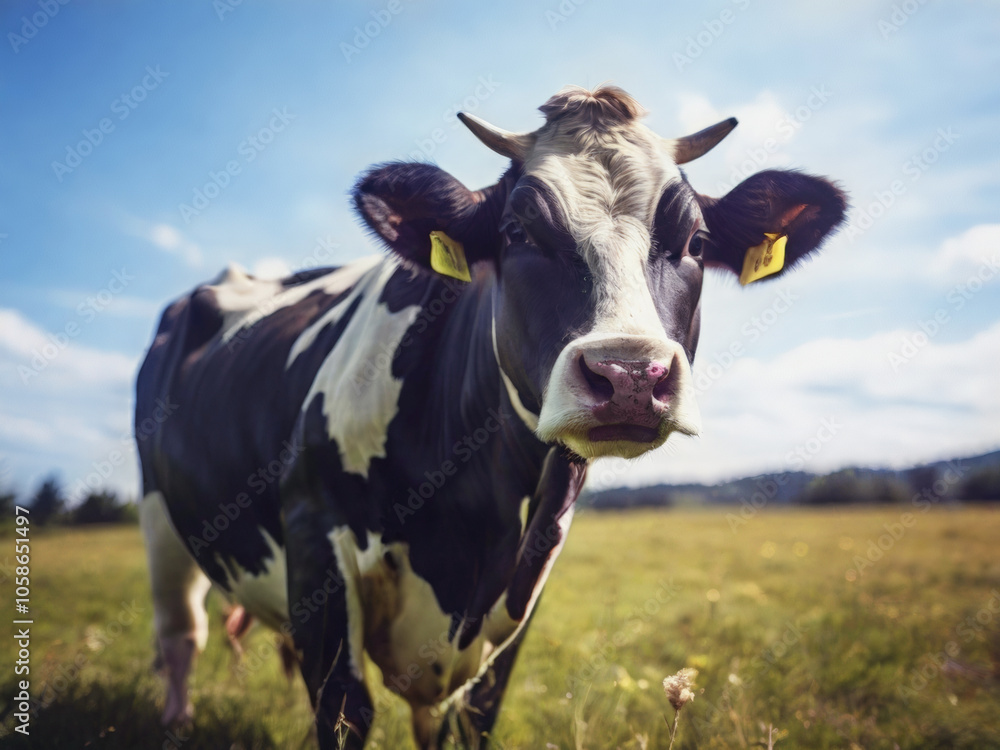 dairy cow grazing in a meadow closeup dairy cow grazing in a meadow closeup