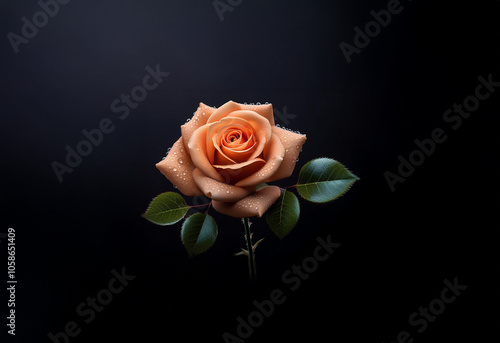 Wallpaper Mural A single peach rose with green leaves, isolated on a dark background. Torontodigital.ca