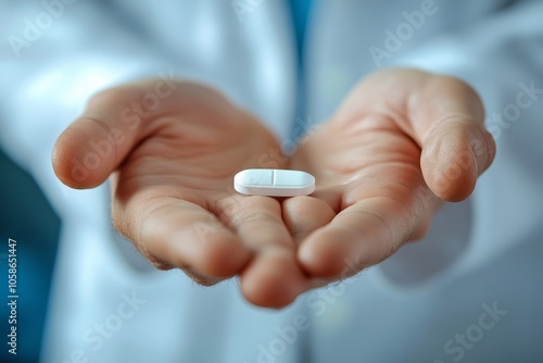 Close-up a medicine tablet in young man hand taking painkiller, Generative AI