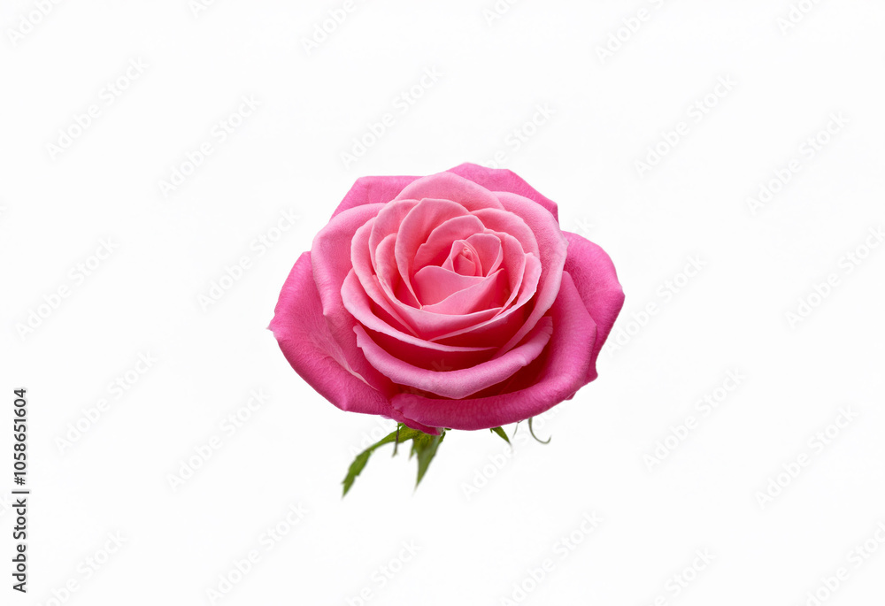 A single pink rose with green leaves on a white background. A single pink rose with green leaves on a white background.